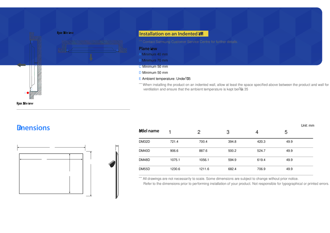 Samsung LH48DMDPLGC/NG, LH40DMDPLGC/EN manual Dimensions, Installation on an Indented Wall, Plane view, Model name, Unit mm 