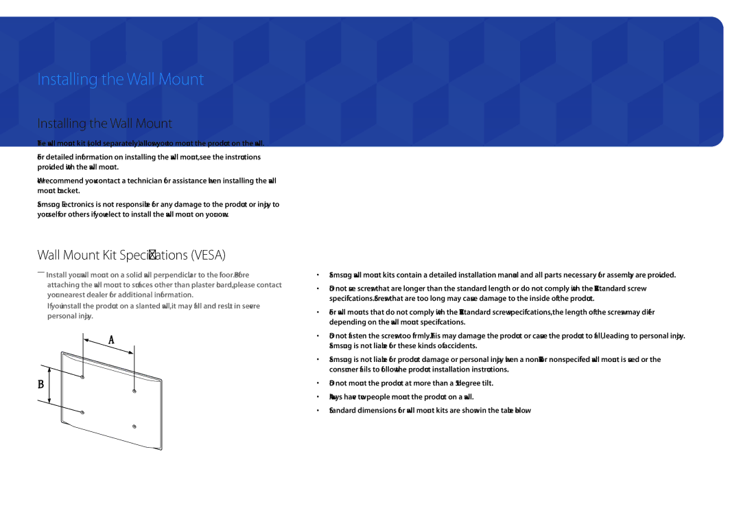 Samsung LH32DMDPLGC/UE, LH40DMDPLGC/EN, LH32DMDPLGC/EN manual Installing the Wall Mount, Wall Mount Kit Specifications Vesa 