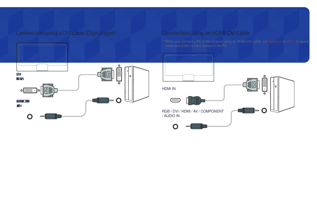 Samsung LH55DMDPLGC/HD, LH40DMDPLGC/EN manual Connection using a DVI cable Digital type, Connection Using an HDMI-DVI Cable 