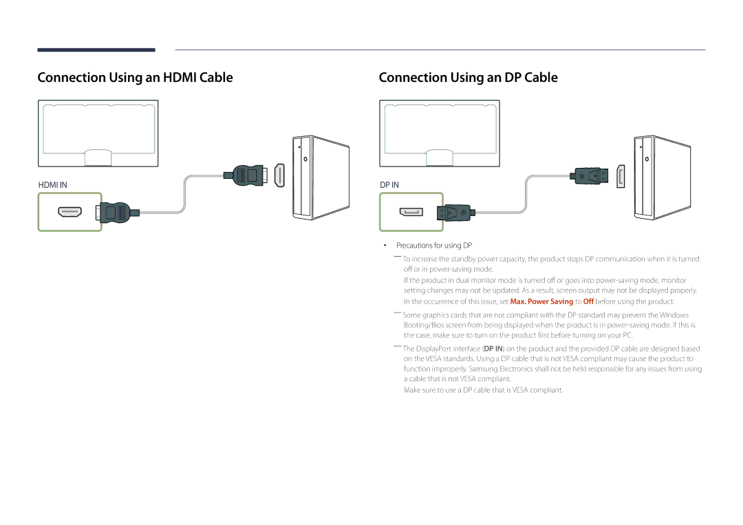 Samsung LH32DMDPLGC/UE manual Connection Using an Hdmi Cable, Connection Using an DP Cable, Precautions for using DP 