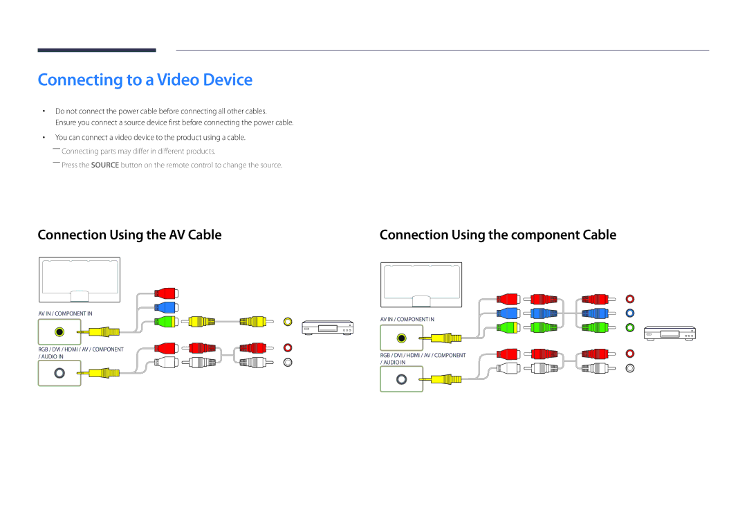 Samsung LH32DMDPLGC/NG Connecting to a Video Device, Connection Using the AV Cable, Connection Using the component Cable 