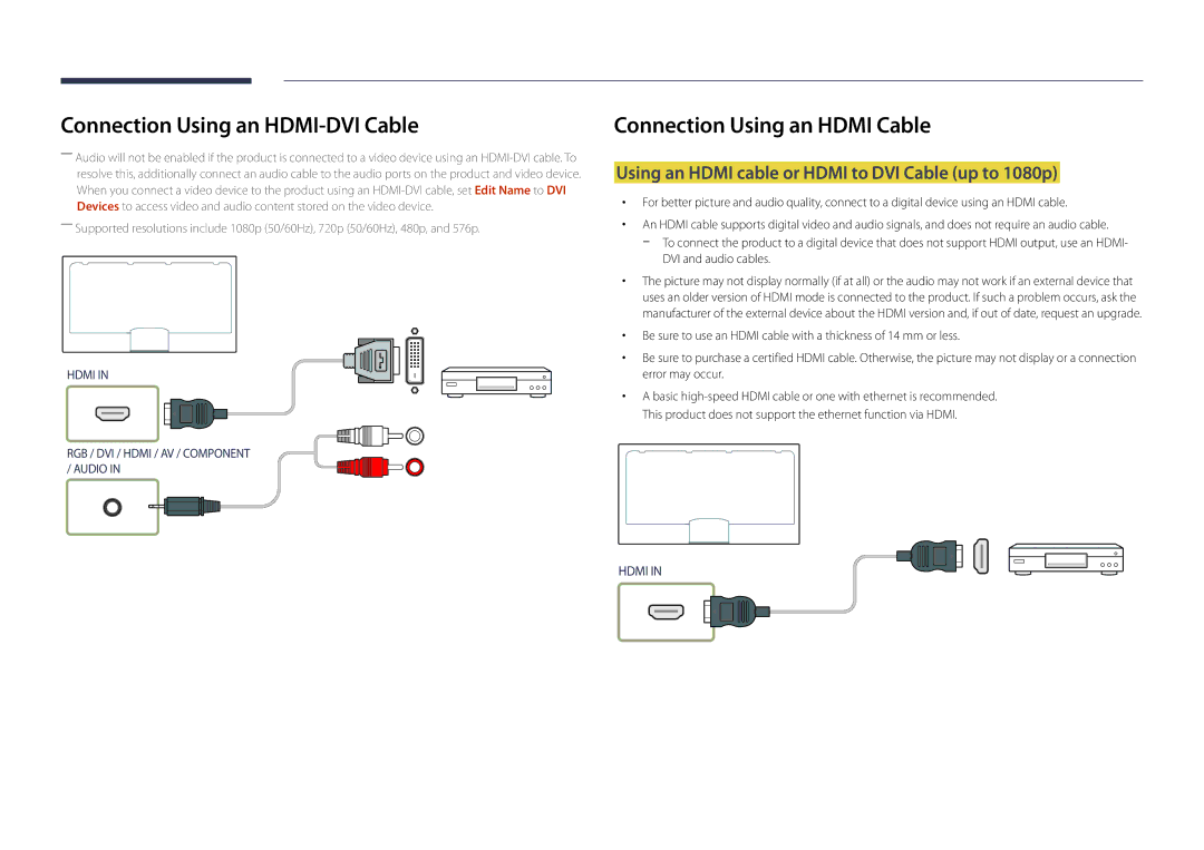 Samsung LH48DMDPLGC/HD manual Connection Using an HDMI-DVI Cable, Using an Hdmi cable or Hdmi to DVI Cable up to 1080p 