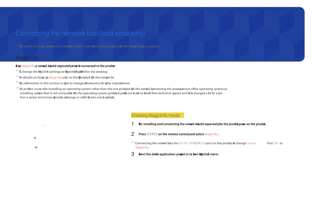 Samsung LH55DMDPLGC/SM, LH40DMDPLGC/EN manual Connecting the network box Sold separately, Entering MagicInfo mode 