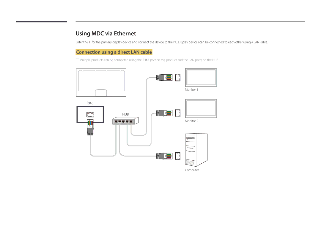 Samsung LH40DMDPLGC/CH, LH40DMDPLGC/EN, LH32DMDPLGC/EN manual Using MDC via Ethernet, Connection using a direct LAN cable 