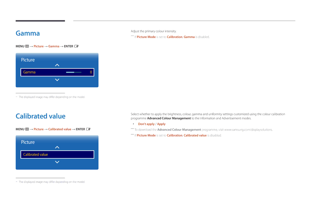 Samsung LH32DMDPLGC/EN, LH40DMDPLGC/EN manual Gamma, Menu m → Picture → Calibrated value → Enter E, Dont apply / Apply 