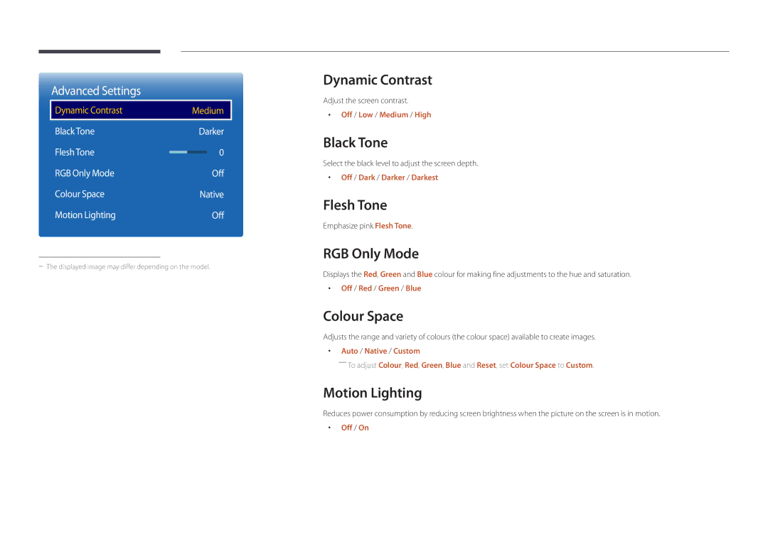 Samsung LH48DMDPLGC/EN manual Dynamic Contrast, Black Tone, Flesh Tone, RGB Only Mode, Colour Space, Motion Lighting 