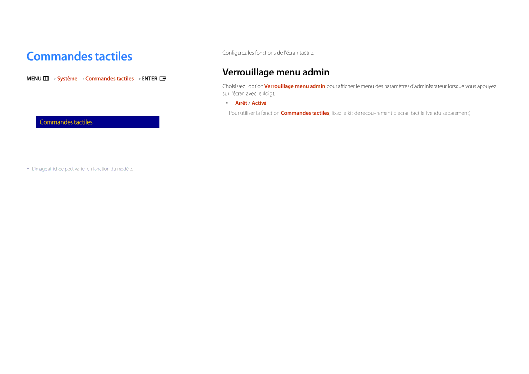 Samsung LH40DMDPLGC/EN, LH32DMDPLGC/EN manual Verrouillage menu admin, Menu m → Système → Commandes tactiles → Enter E 