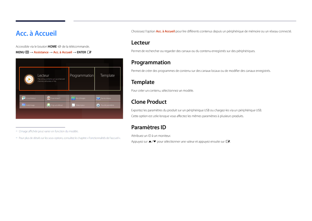 Samsung LH48DMDPLGC/EN, LH40DMDPLGC/EN, LH32DMDPLGC/EN, LH55DMDPLGC/EN, LH75DMDPLGC/EN manual Acc. à Accueil 