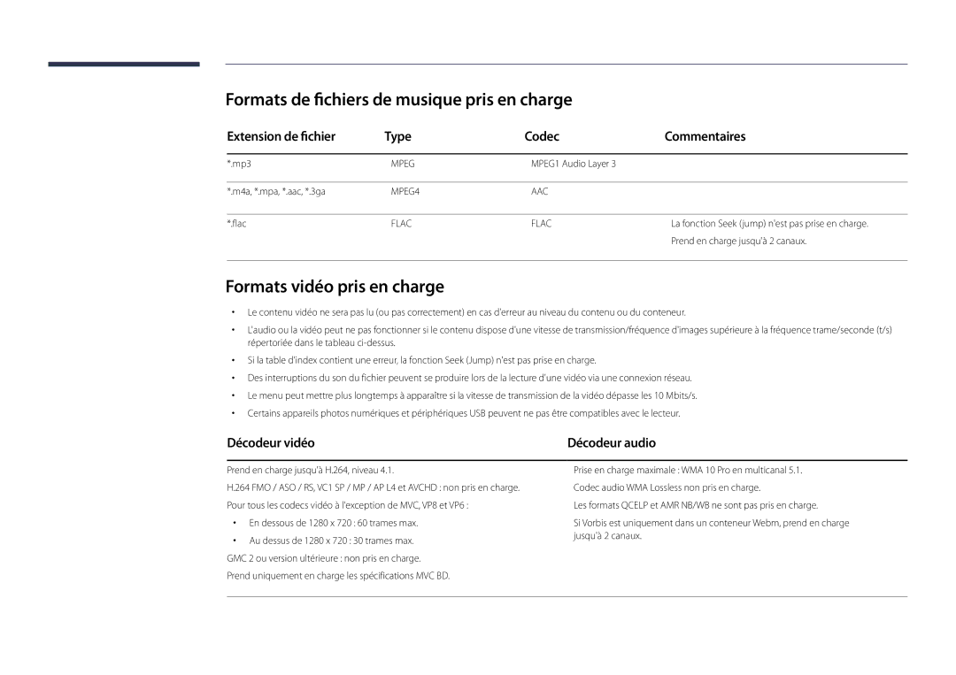 Samsung LH32DMDPLGC/EN manual Pris en charge, Formats vidéo pris en charge, Extension de fichier Type Codec Commentaires 