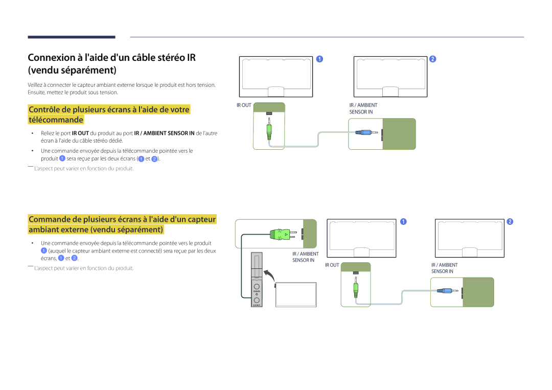 Samsung LH40DMDPLGC/EN, LH32DMDPLGC/EN, LH55DMDPLGC/EN manual Connexion à laide dun câble stéréo IR vendu séparément 