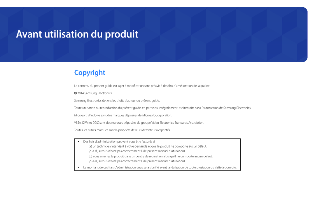 Samsung LH75DMDPLGC/EN, LH40DMDPLGC/EN, LH32DMDPLGC/EN, LH55DMDPLGC/EN manual Avant utilisation du produit, Copyright 