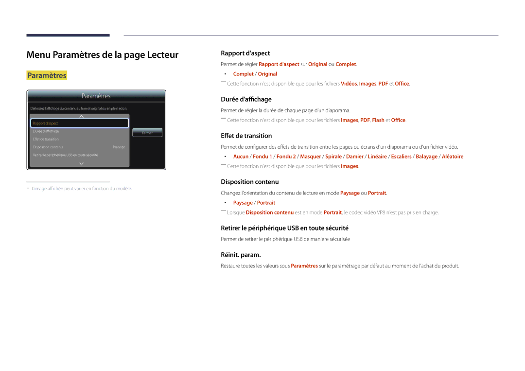 Samsung LH55DMDPLGC/EN, LH40DMDPLGC/EN, LH32DMDPLGC/EN manual Menu Paramètres de la page Lecteur, Paysage / Portrait 