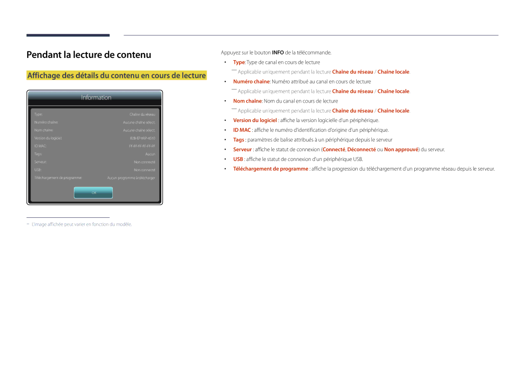 Samsung LH48DMDPLGC/EN Pendant la lecture de contenu, Affichage des détails du contenu en cours de lecture, Information 