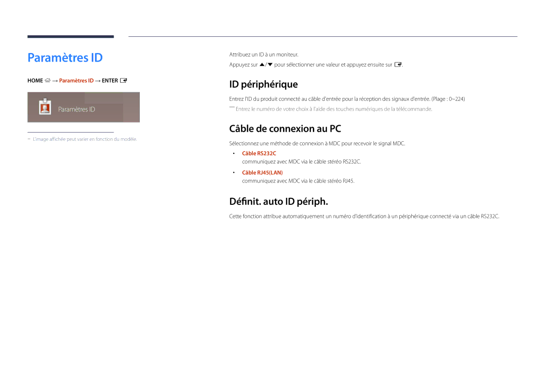 Samsung LH48DMDPLGC/EN, LH40DMDPLGC/EN Paramètres ID, ID périphérique, Câble de connexion au PC, Définit. auto ID périph 