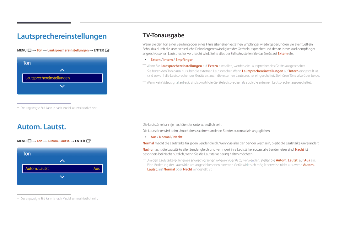 Samsung LH48DMDPLGC/EN, LH40DMDPLGC/EN, LH32DMDPLGC/EN manual Lautsprechereinstellungen, Autom. Lautst, TV-Tonausgabe 