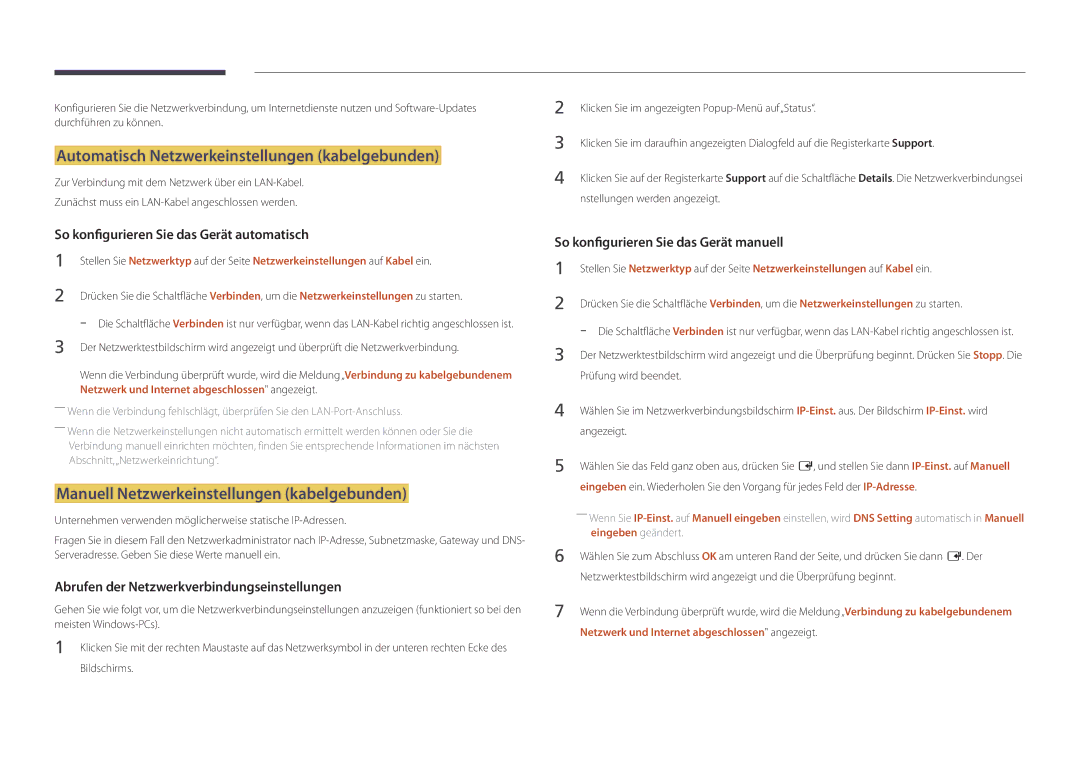 Samsung LH55DMDPLGC/EN manual Automatisch Netzwerkeinstellungen kabelgebunden, Manuell Netzwerkeinstellungen kabelgebunden 