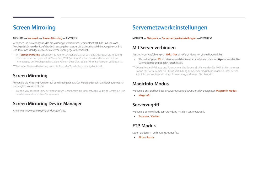 Samsung LH55DMDPLGC/EN, LH40DMDPLGC/EN, LH32DMDPLGC/EN, LH48DMDPLGC/EN manual Screen Mirroring, Servernetzwerkeinstellungen 