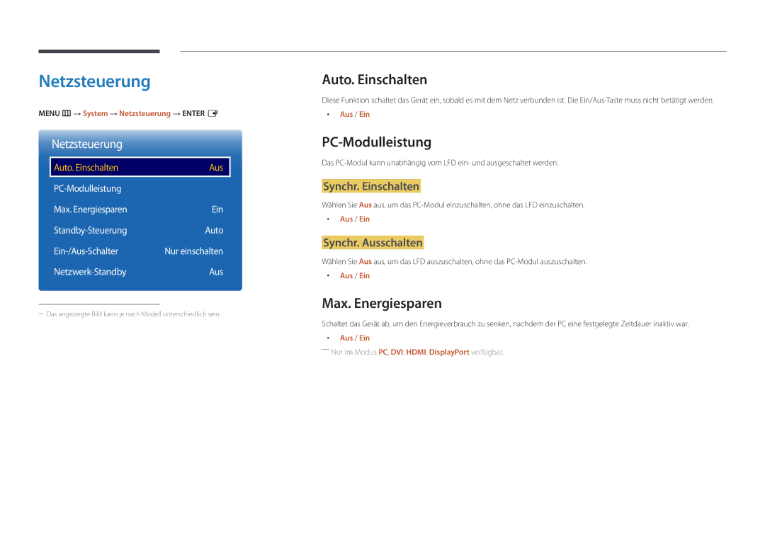 Samsung LH48DMDPLGC/EN, LH40DMDPLGC/EN manual Netzsteuerung, Auto. Einschalten, PC-Modulleistung, Max. Energiesparen 