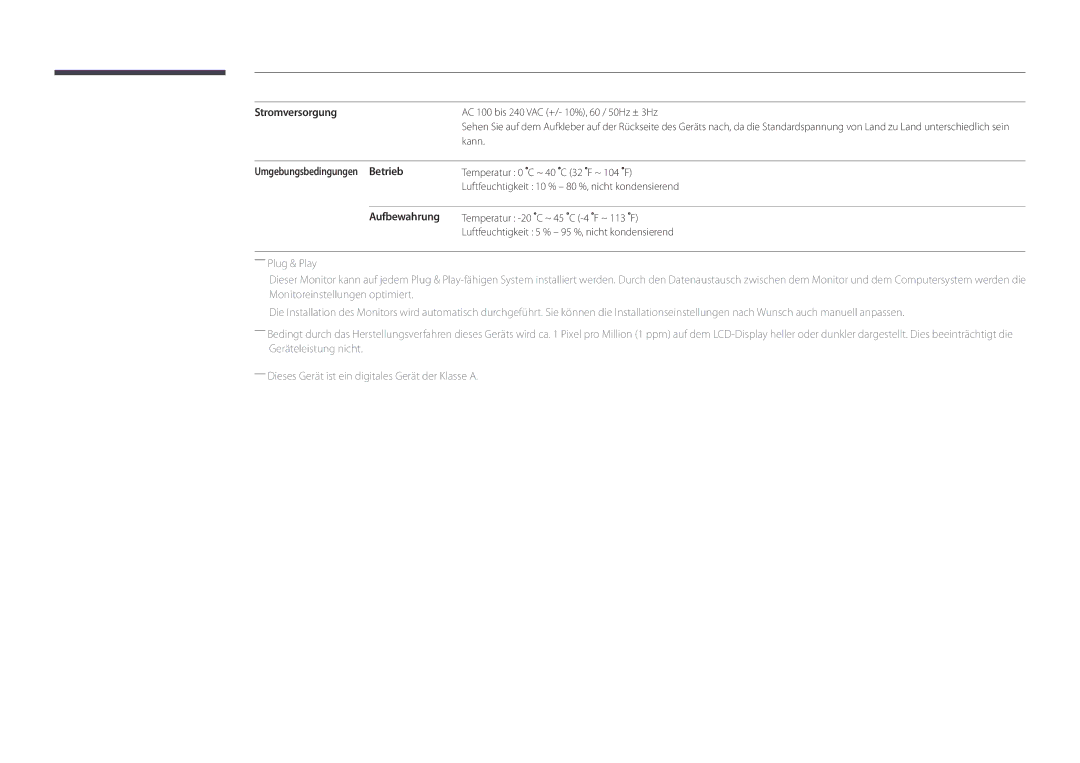 Samsung LH75DMDPLGC/EN, LH40DMDPLGC/EN, LH32DMDPLGC/EN, LH55DMDPLGC/EN manual Stromversorgung, Umgebungsbedingungen Betrieb 