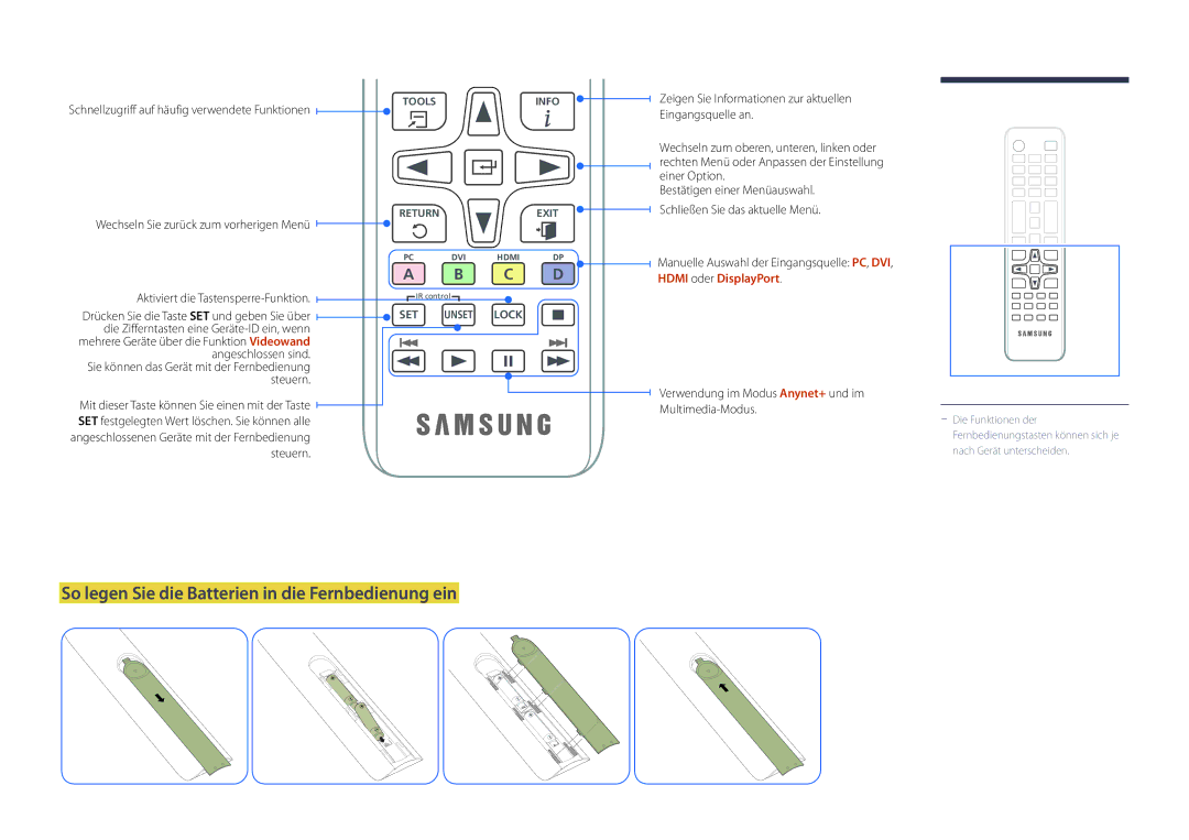 Samsung LH75DMDPLGC/EN, LH40DMDPLGC/EN manual So legen Sie die Batterien in die Fernbedienung ein, Hdmi oder DisplayPort 