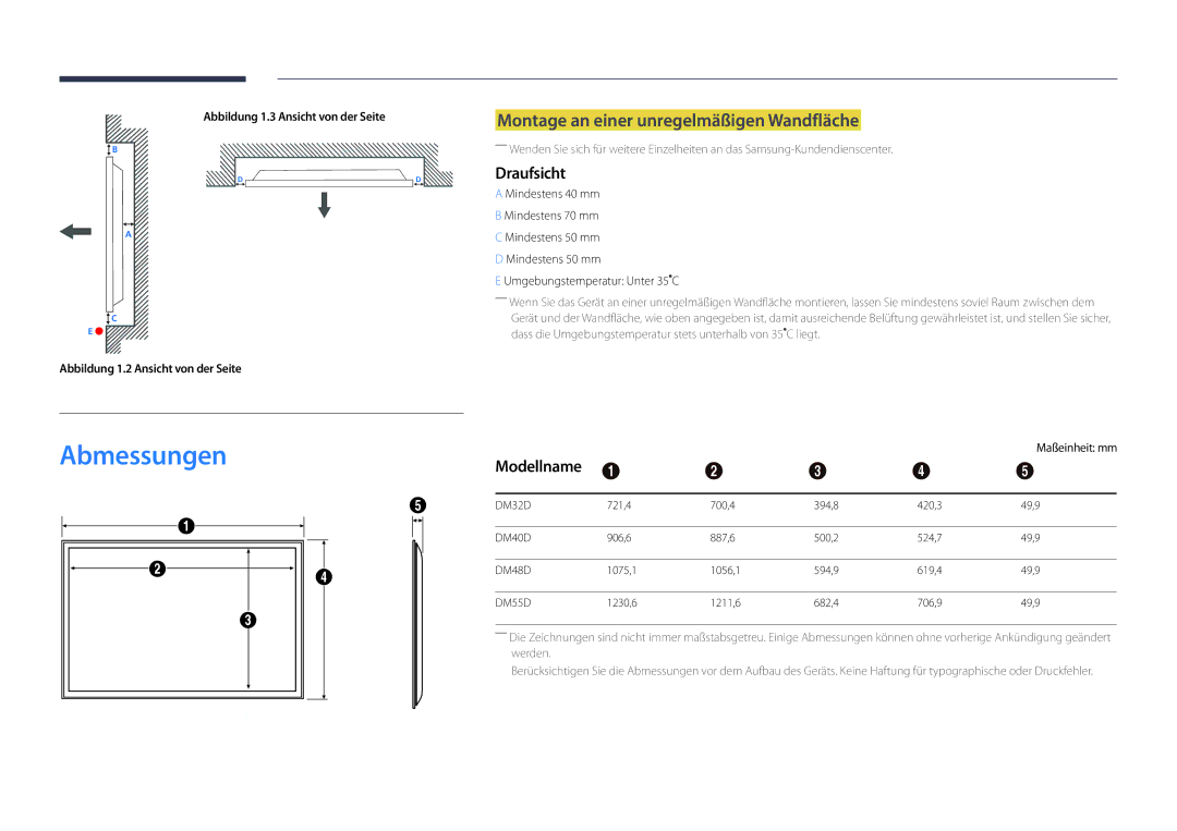 Samsung LH55DMDPLGC/EN, LH40DMDPLGC/EN Abmessungen, Montage an einer unregelmäßigen Wandfläche, Draufsicht, Modellname 