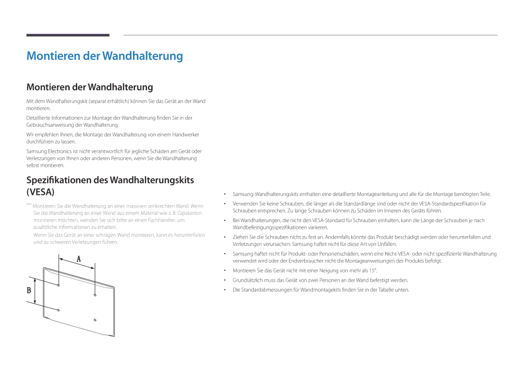 Samsung LH75DMDPLGC/EN, LH40DMDPLGC/EN manual Montieren der Wandhalterung, Spezifikationen des Wandhalterungskits Vesa 