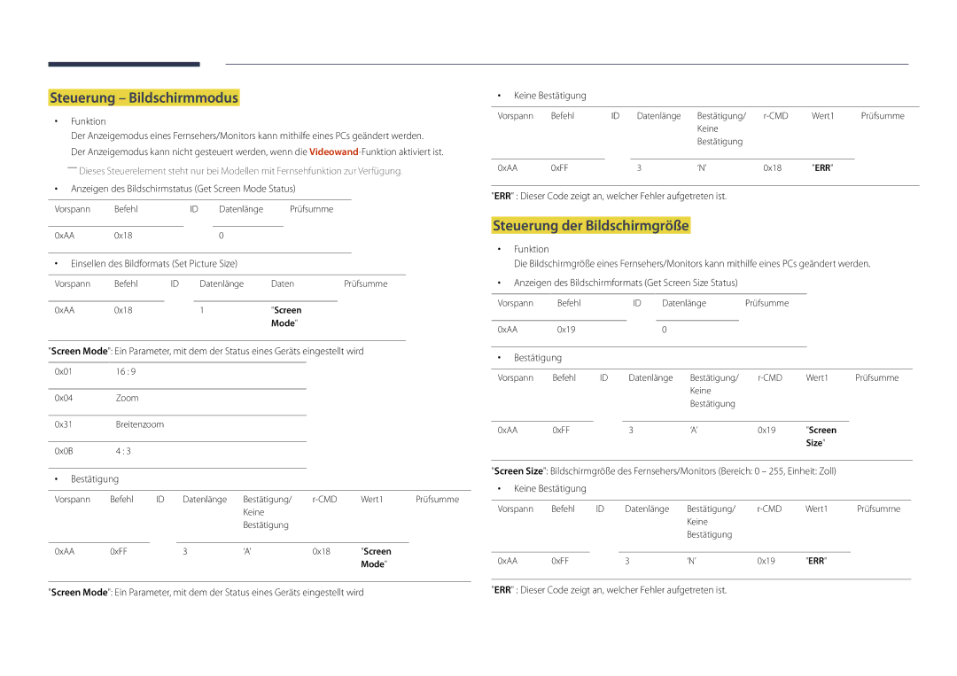 Samsung LH48DMDPLGC/EN, LH40DMDPLGC/EN, LH32DMDPLGC/EN manual Steuerung Bildschirmmodus, Steuerung der Bildschirmgröße 