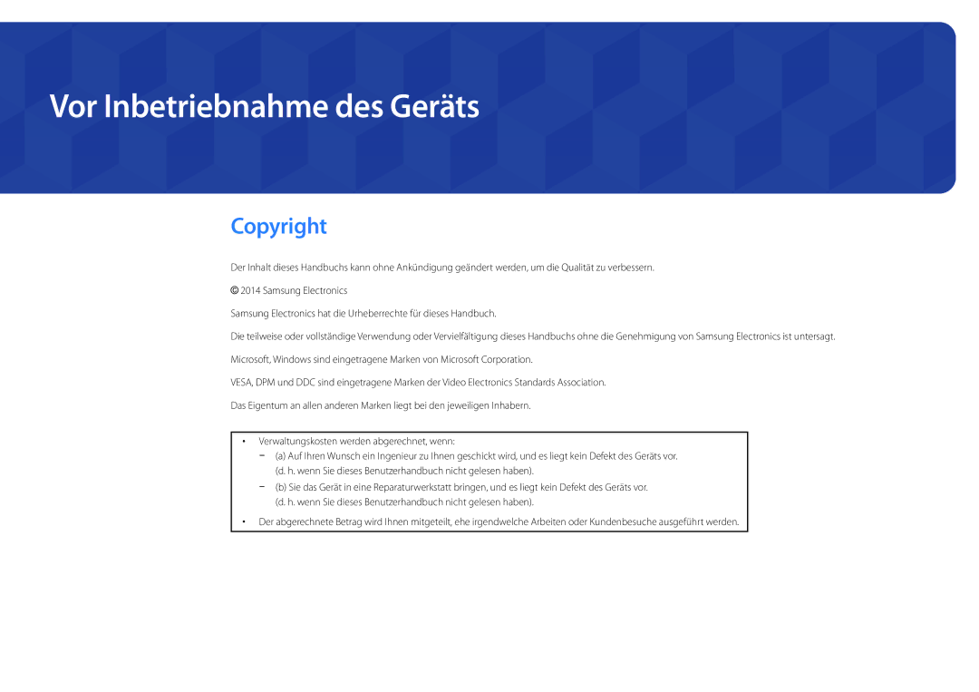 Samsung LH75DMDPLGC/EN, LH40DMDPLGC/EN, LH32DMDPLGC/EN, LH55DMDPLGC/EN manual Vor Inbetriebnahme des Geräts, Copyright 