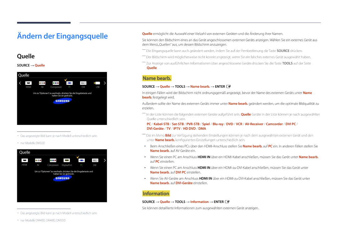 Samsung LH55DMDPLGC/EN, LH40DMDPLGC/EN, LH32DMDPLGC/EN manual Ändern der Eingangsquelle, Quelle, Name bearb, Information 