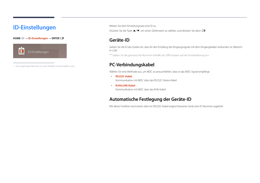 Samsung LH48DMDPLGC/EN, LH40DMDPLGC/EN ID-Einstellungen, PC-Verbindungskabel, Automatische Festlegung der Geräte-ID 