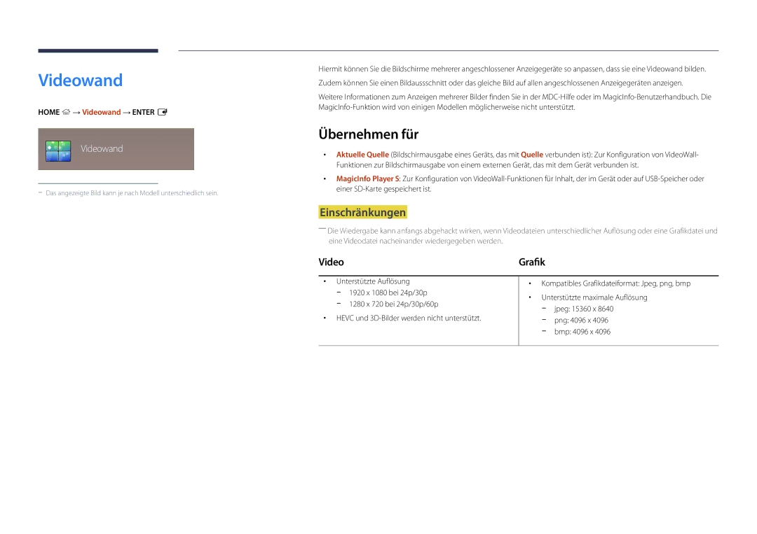 Samsung LH75DMDPLGC/EN, LH40DMDPLGC/EN, LH32DMDPLGC/EN, LH55DMDPLGC/EN manual Übernehmen für, Home → Videowand → Enter E 