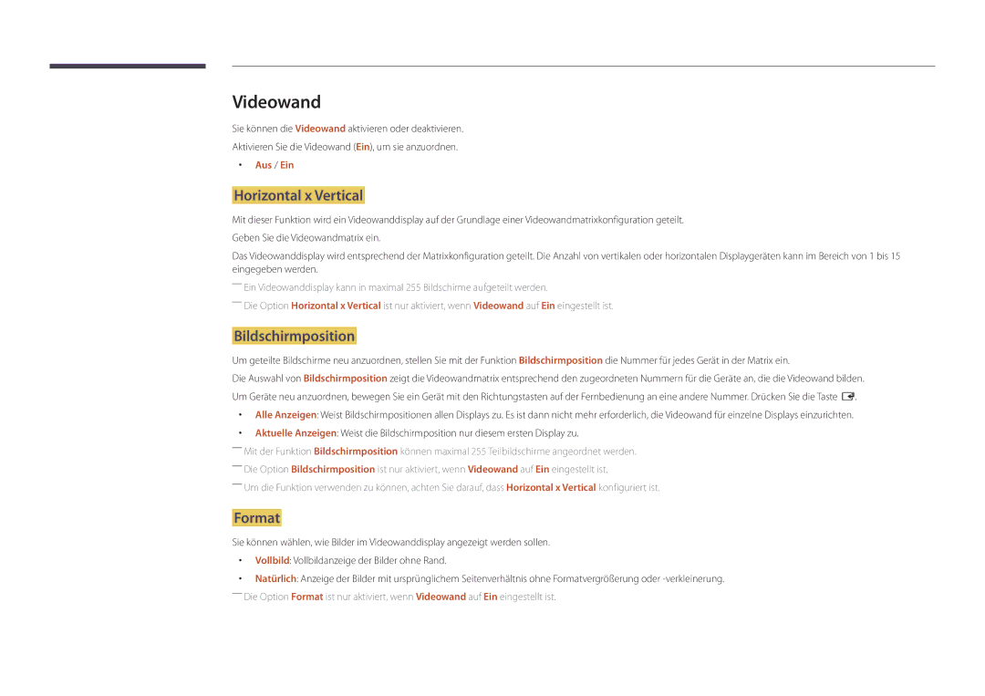 Samsung LH40DMDPLGC/EN, LH32DMDPLGC/EN manual Videowand, Horizontal x Vertical, Bildschirmposition, Format, Aus / Ein 