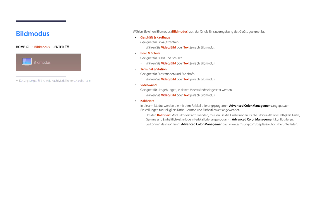 Samsung LH55DMDPLGC/EN, LH40DMDPLGC/EN, LH32DMDPLGC/EN, LH48DMDPLGC/EN, LH75DMDPLGC/EN manual Bildmodus 