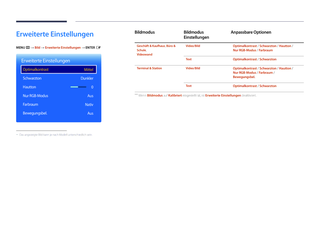 Samsung LH55DMDPLGC/EN, LH40DMDPLGC/EN manual Erweiterte Einstellungen, Bildmodus Anpassbare Optionen Einstellungen 