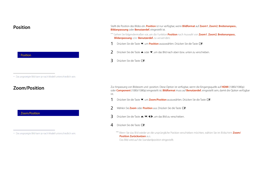 Samsung LH48DMDPLGC/EN manual Zoom/Position, BildformatBenutzerdef, Bildanpassung oder Benutzerdef. zu verwenden 