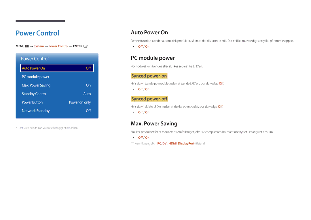 Samsung LH48DMDPLGC/EN, LH40DMDPLGC/EN, LH32DMDPLGC/EN Power Control, Auto Power On, PC module power, Max. Power Saving 