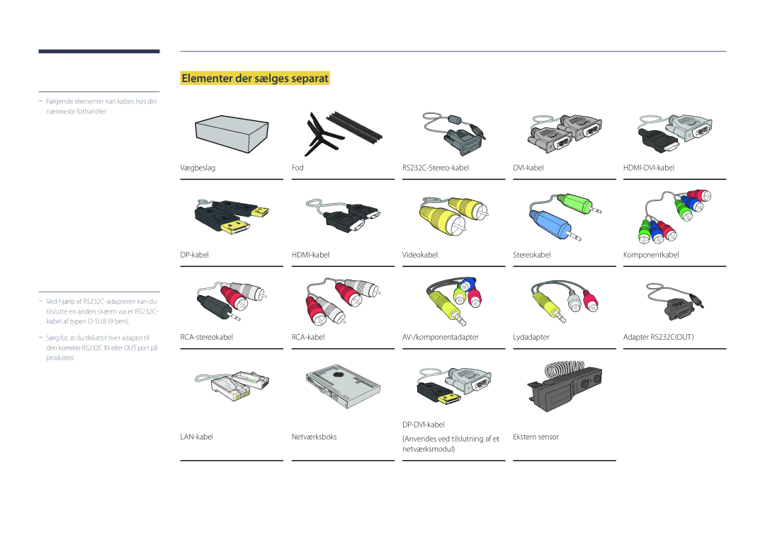 Samsung LH48DMDPLGC/EN, LH40DMDPLGC/EN, LH32DMDPLGC/EN, LH55DMDPLGC/EN, LH75DMDPLGC/EN manual Elementer der sælges separat 