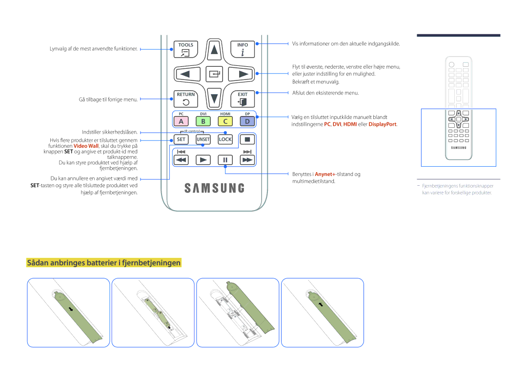 Samsung LH75DMDPLGC/EN manual Sådan anbringes batterier i fjernbetjeningen, Lynvalg af de mest anvendte funktioner 