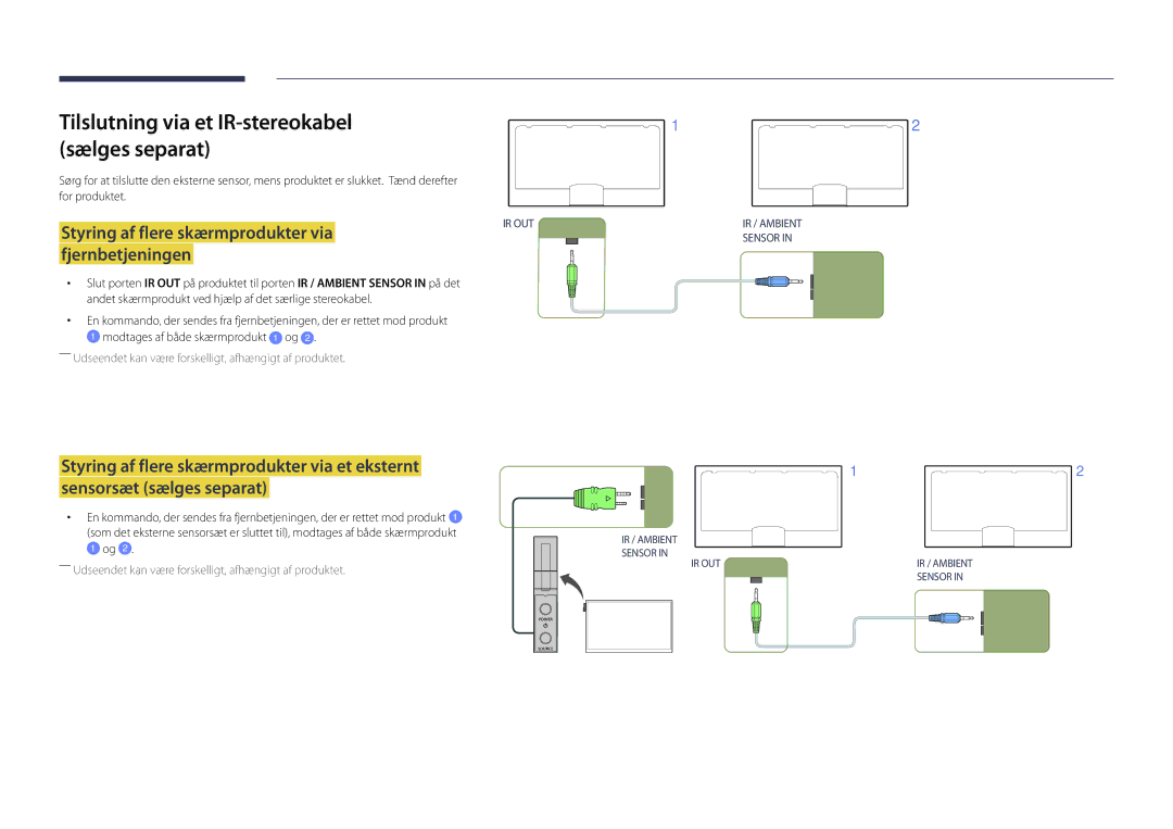 Samsung LH40DMDPLGC/EN, LH32DMDPLGC/EN, LH55DMDPLGC/EN, LH48DMDPLGC/EN manual Tilslutning via et IR-stereokabel sælges separat 