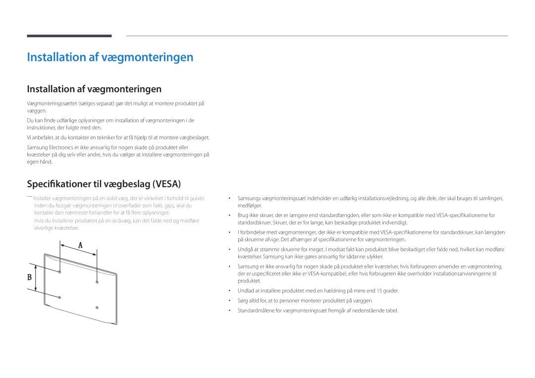 Samsung LH75DMDPLGC/EN, LH40DMDPLGC/EN, LH32DMDPLGC/EN Installation af vægmonteringen, Specifikationer til vægbeslag Vesa 