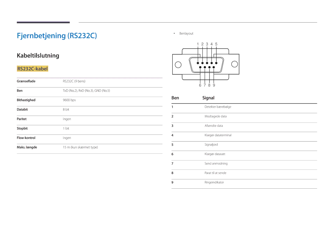 Samsung LH32DMDPLGC/EN, LH40DMDPLGC/EN manual Fjernbetjening RS232C, Kabeltilslutning, RS232C-kabel, Ben Signal, Benlayout 