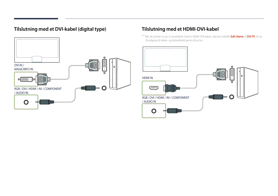 Samsung LH40DMDPLGC/EN, LH32DMDPLGC/EN manual Tilslutning med et DVI-kabel digital type, Tilslutning med et HDMI-DVI-kabel 