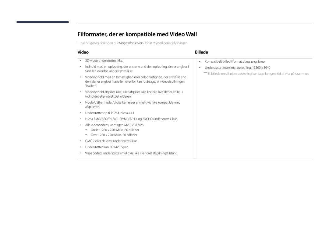 Samsung LH40DMDPLGC/EN, LH32DMDPLGC/EN, LH55DMDPLGC/EN, LH48DMDPLGC/EN manual Filformater, der er kompatible med Video Wall 