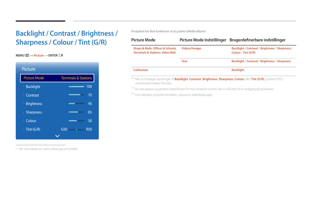 Samsung LH48DMDPLGC/EN, LH40DMDPLGC/EN manual Picture Mode, Brugerdefinerbare indstillinger, Menu m → Picture → Enter E 