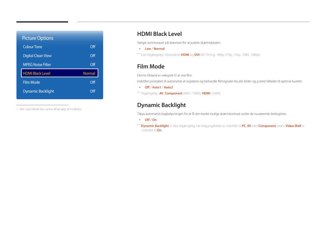 Samsung LH32DMDPLGC/EN, LH40DMDPLGC/EN, LH55DMDPLGC/EN, LH48DMDPLGC/EN manual Hdmi Black Level, Film Mode, Dynamic Backlight 