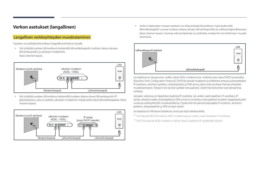 Samsung LH32DMDPLGC/EN, LH40DMDPLGC/EN manual Verkon asetukset langallinen, Langallisen verkkoyhteyden muodostaminen 