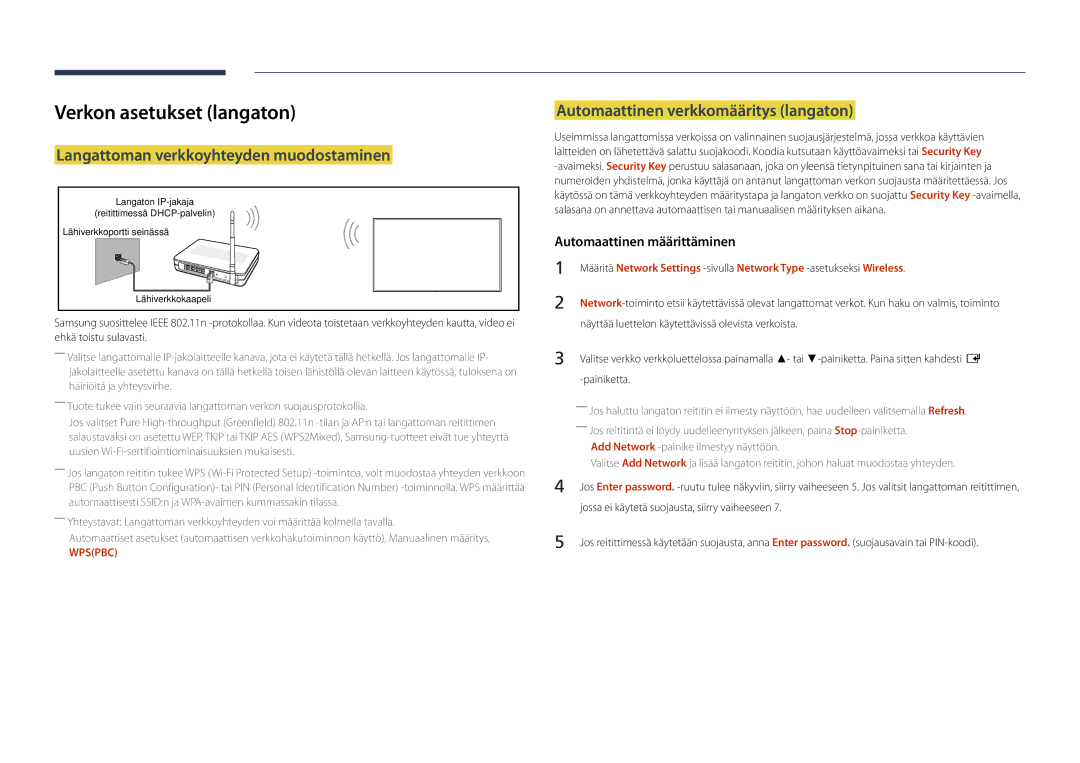 Samsung LH48DMDPLGC/EN, LH40DMDPLGC/EN, LH32DMDPLGC/EN Verkon asetukset langaton, Langattoman verkkoyhteyden muodostaminen 