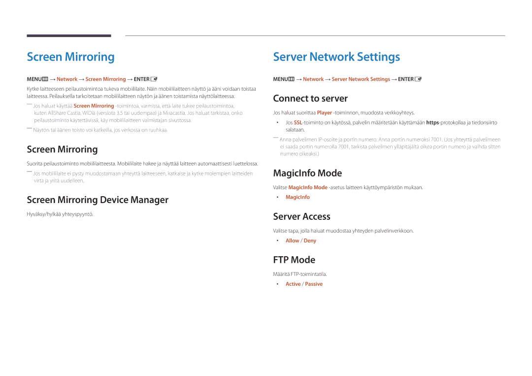 Samsung LH55DMDPLGC/EN, LH40DMDPLGC/EN, LH32DMDPLGC/EN, LH48DMDPLGC/EN manual Screen Mirroring, Server Network Settings 