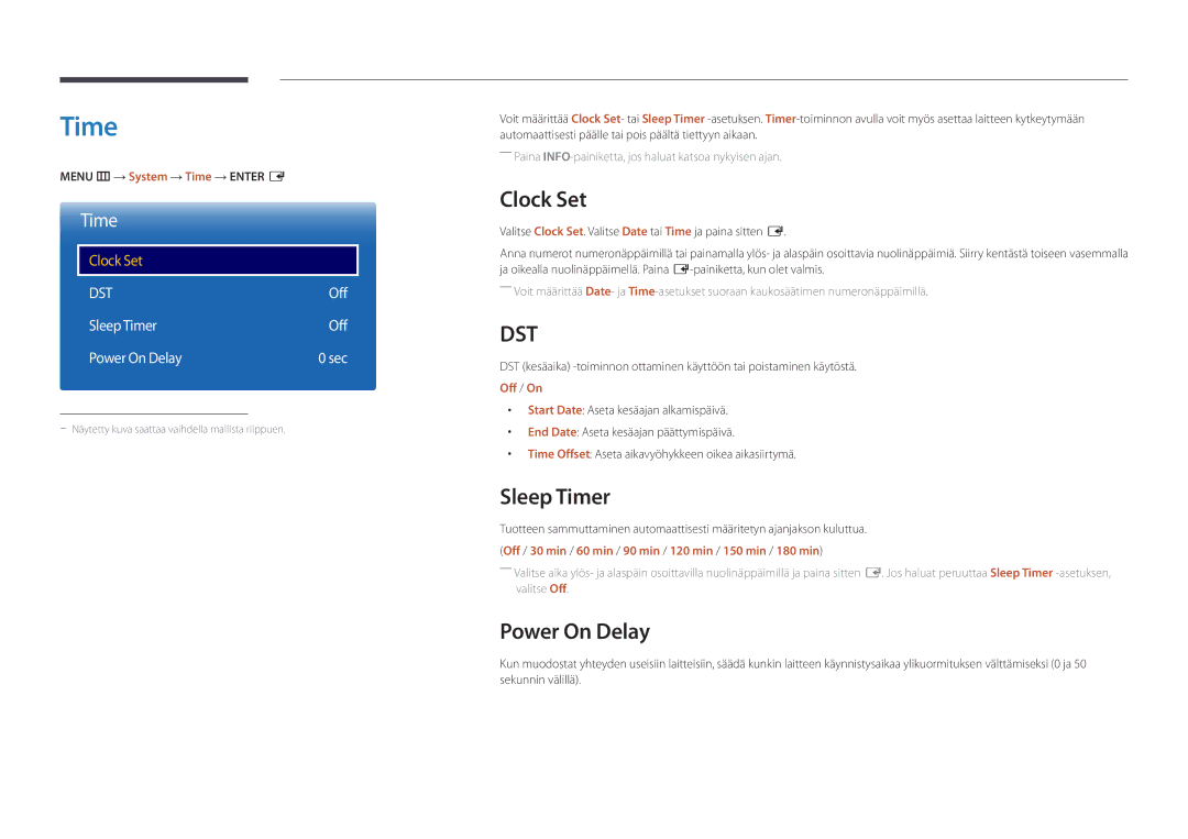 Samsung LH32DMDPLGC/EN, LH40DMDPLGC/EN, LH55DMDPLGC/EN, LH48DMDPLGC/EN manual Clock Set, Sleep Timer, Power On Delay 