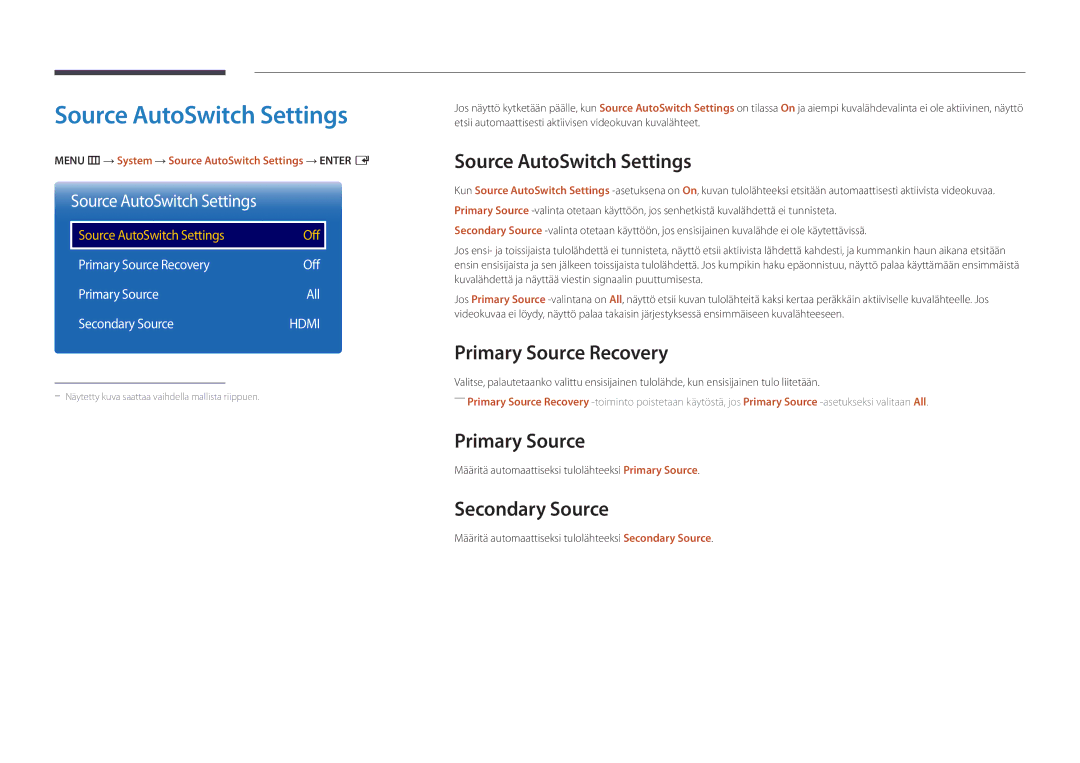 Samsung LH55DMDPLGC/EN, LH40DMDPLGC/EN manual Source AutoSwitch Settings, Primary Source Recovery, Secondary Source 